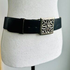 Vintage Tristan Black Genuine Leather Wide Belt w/ Ornate Square Buckle - US M